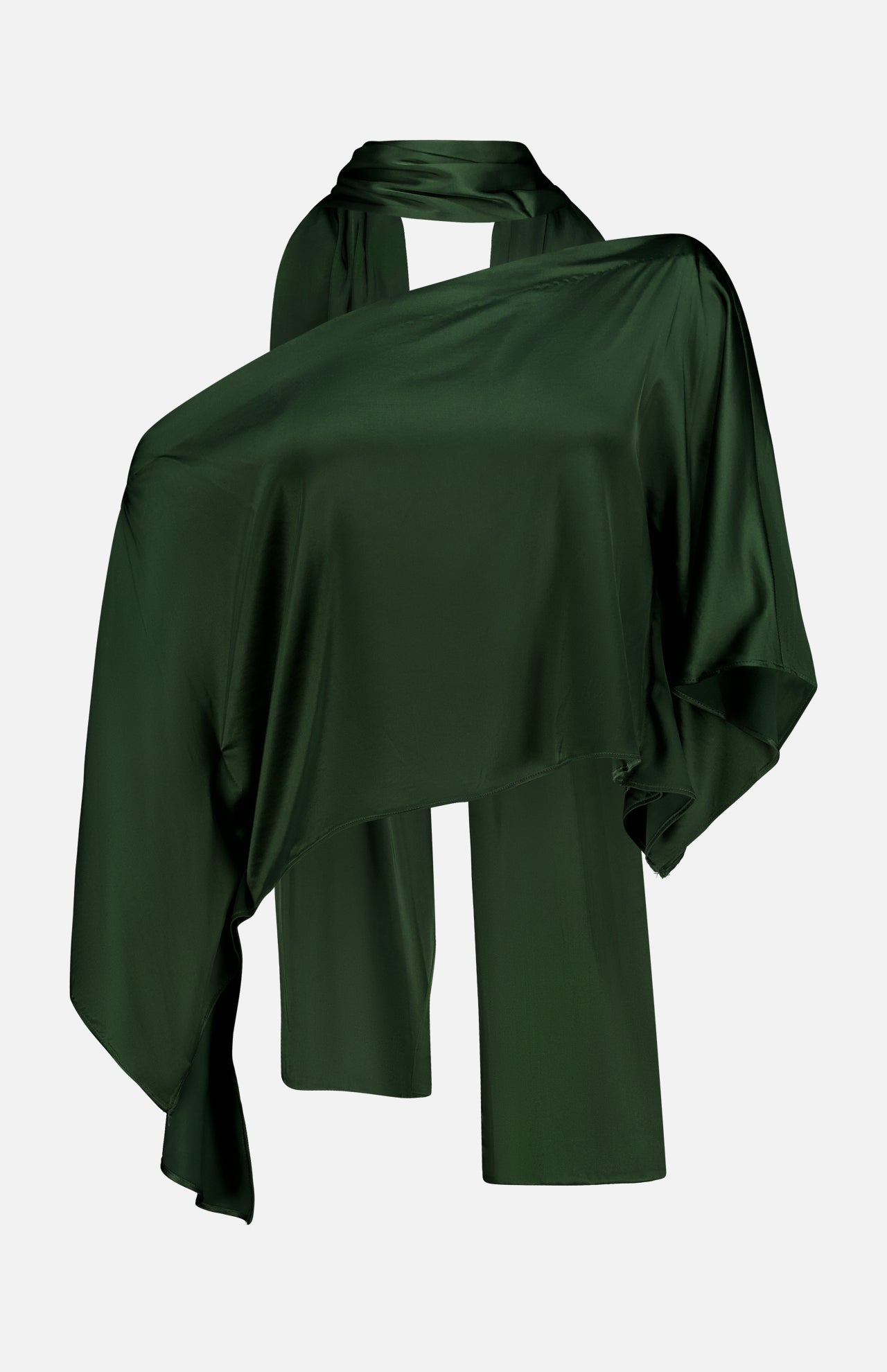 The ALICE + OLIVIA Rita Draped Cropped Top with Scarf, crafted from luxurious dark green silk charmeuse, is elegantly displayed on a mannequin in an asymmetrical, modern off-the-shoulder style against a plain white background.