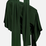 The ALICE + OLIVIA Rita Draped Cropped Top with Scarf is a dark green, silky charmeuse asymmetric wrap top featuring long, wide scarf-like ties elegantly draped over the shoulders—a striking and sophisticated going-out piece, shown against a plain white background.