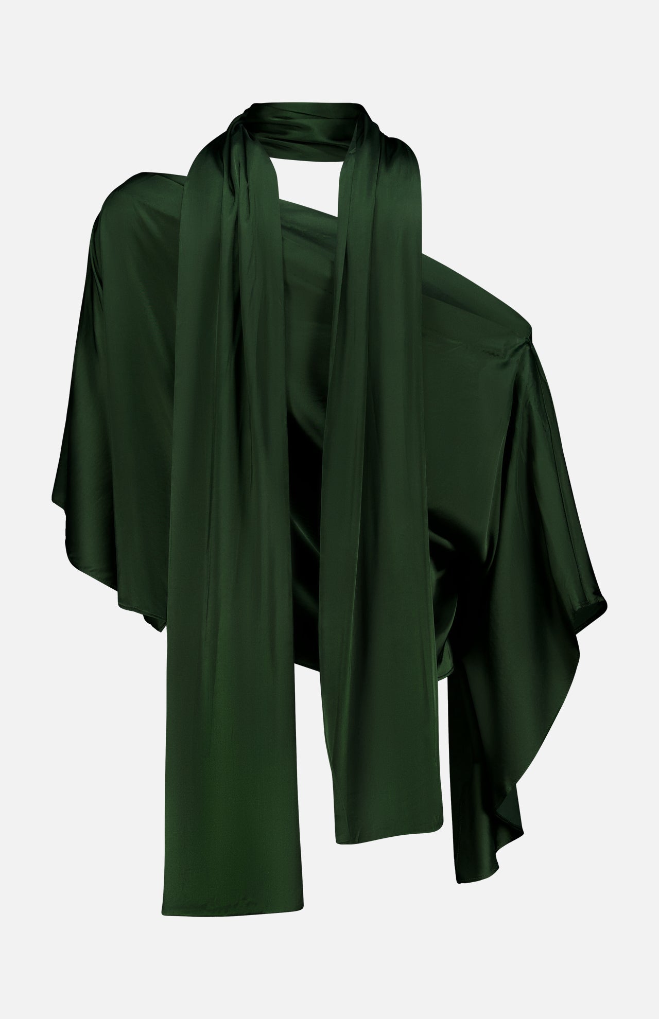 The ALICE + OLIVIA Rita Draped Cropped Top with Scarf is a dark green, silky charmeuse asymmetric wrap top featuring long, wide scarf-like ties elegantly draped over the shoulders—a striking and sophisticated going-out piece, shown against a plain white background.