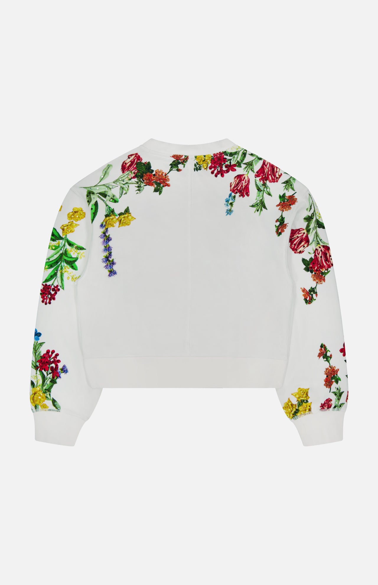The Russell Embellished Relaxed Crewneck Sweatshirt by ALICE + OLIVIA is a white cropped-fit sweatshirt adorned with colorful floral and delicate sequin embroidery in red, yellow, green, and purple flowers and leaves on the back and sleeves against a plain white background.