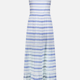 The Saige Halter Tiered Maxi Dress by ALICE + OLIVIA features a sleeveless, long halter silhouette with horizontal blue stripes on a white background and a tiered, flowy skirt for an effortlessly chic look.