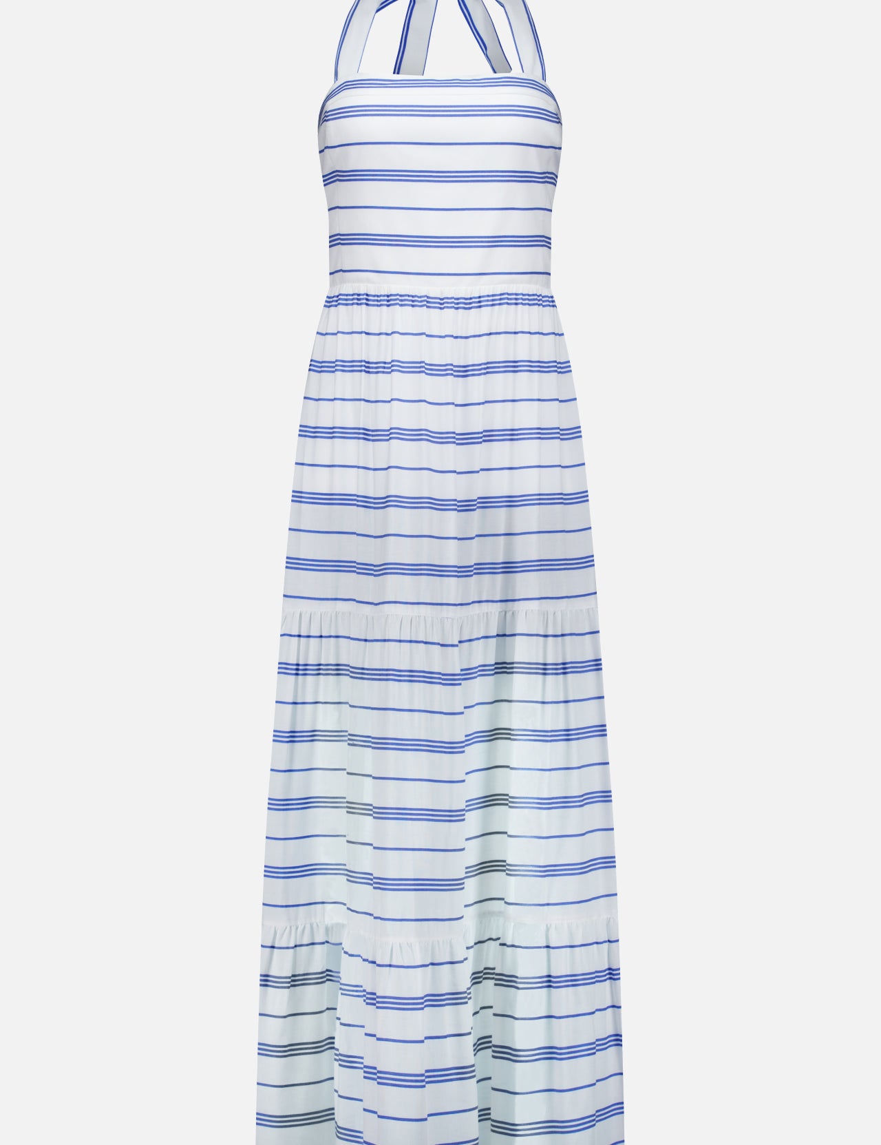 The Saige Halter Tiered Maxi Dress by ALICE + OLIVIA features a sleeveless, long halter silhouette with horizontal blue stripes on a white background and a tiered, flowy skirt for an effortlessly chic look.