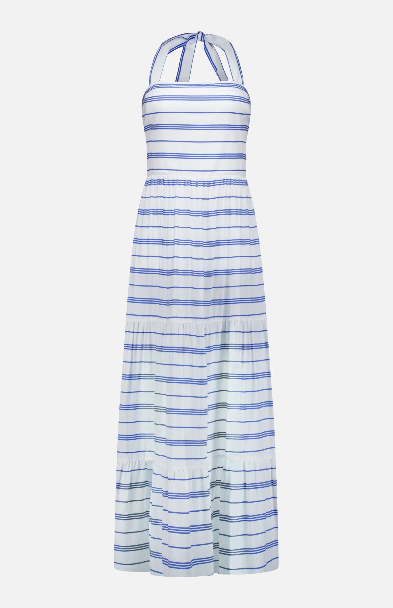 The Saige Halter Tiered Maxi Dress by ALICE + OLIVIA features a sleeveless, long halter silhouette with horizontal blue stripes on a white background and a tiered, flowy skirt for an effortlessly chic look.