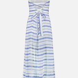 The Saige Halter Tiered Maxi Dress by ALICE + OLIVIA is a sleeveless, white maxi dress with blue stripes, featuring a halter neckline and a crisscross lace-up back. Designed with a tiered skirt and finished with a bow tied at the lower back, this nautical-inspired dress is crafted from light, summery fabric for an effortlessly chic look.