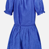 The Thalia Puff Sleeve Tunic Dress by ALICE + OLIVIA is a short-sleeved, royal blue bohemian style featuring a cinched waist, subtle polka dot texture, ruffled sleeve cuffs, and a scalloped hem. Crafted from lightweight eyelet cotton voile and finished with delicate embroidery, this dress offers an effortlessly chic look.