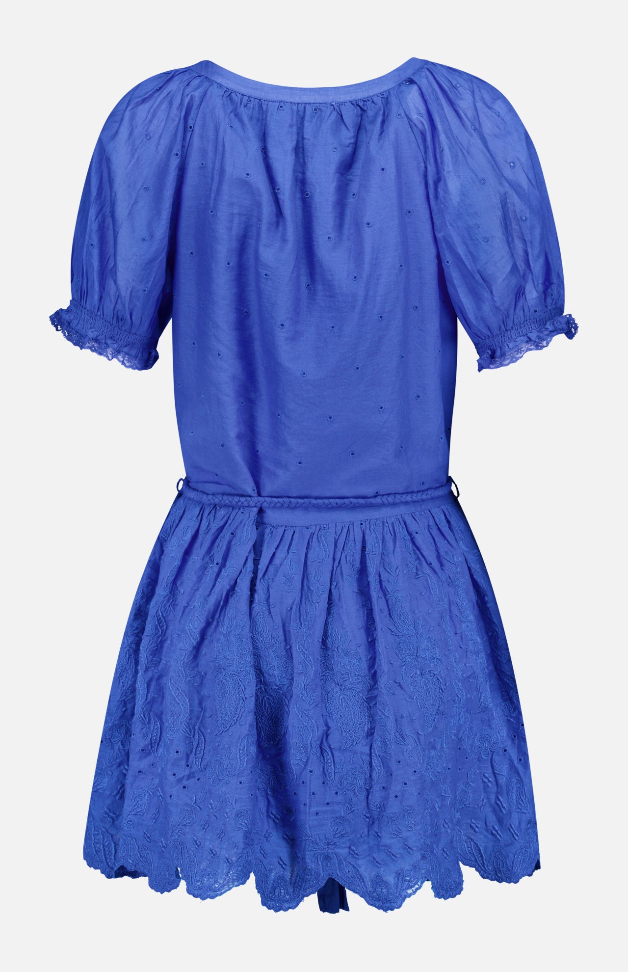The Thalia Puff Sleeve Tunic Dress by ALICE + OLIVIA is a short-sleeved, royal blue bohemian style featuring a cinched waist, subtle polka dot texture, ruffled sleeve cuffs, and a scalloped hem. Crafted from lightweight eyelet cotton voile and finished with delicate embroidery, this dress offers an effortlessly chic look.