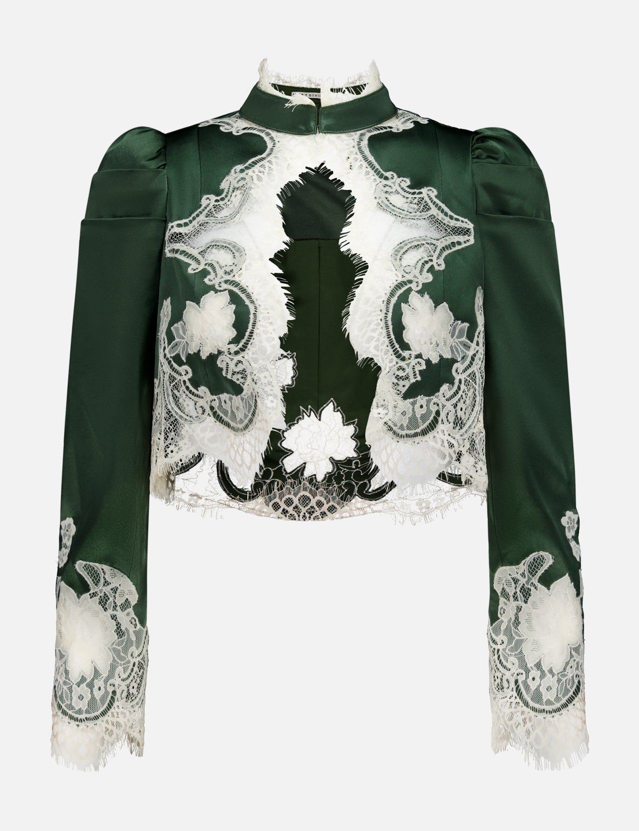 The Thomasina Puff Sleeve Cropped Jacket by ALICE + OLIVIA is a dark green, long-sleeve jacket featuring structured shoulders, puff sleeves, a high neck, floral patterns, and white bloom cutwork lace detailing in a cropped silhouette. The jacket is displayed against a plain white background.
