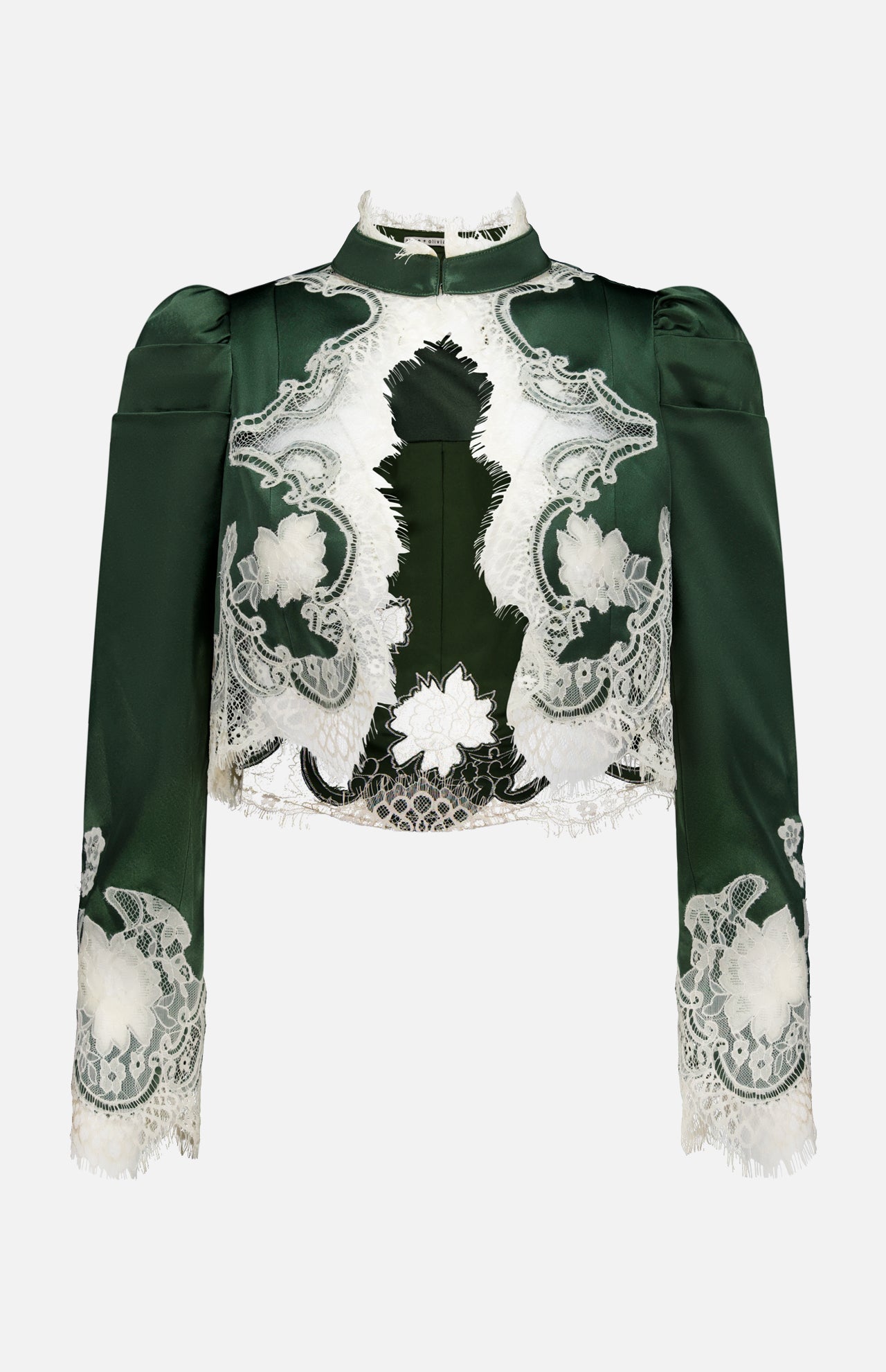 The Thomasina Puff Sleeve Cropped Jacket by ALICE + OLIVIA is a dark green, long-sleeve jacket featuring structured shoulders, puff sleeves, a high neck, floral patterns, and white bloom cutwork lace detailing in a cropped silhouette. The jacket is displayed against a plain white background.