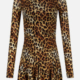 The ALICE + OLIVIA Wendy Fit And Flare Godet Mini Dress features a brown, black, and tan leopard print on a long-sleeve silhouette. Designed with a fitted bodice, crew neckline, and a slightly flared godet skirt for added movement. The background is plain white.