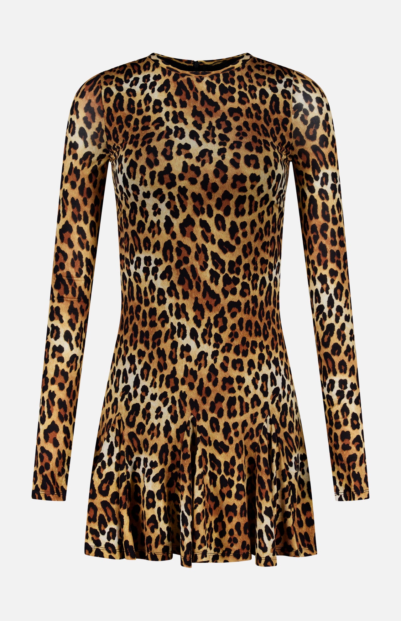 The ALICE + OLIVIA Wendy Fit And Flare Godet Mini Dress features a brown, black, and tan leopard print on a long-sleeve silhouette. Designed with a fitted bodice, crew neckline, and a slightly flared godet skirt for added movement. The background is plain white.