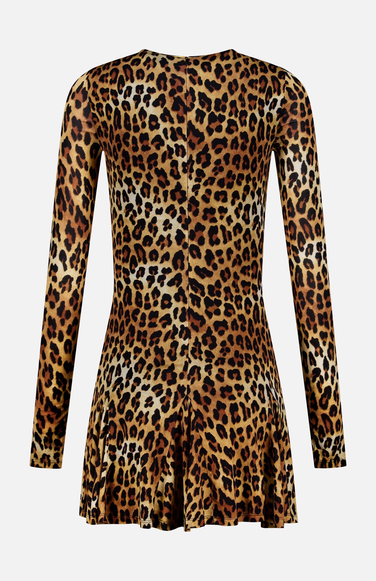 The Wendy Fit And Flare Godet Mini Dress by ALICE + OLIVIA features a long-sleeve silhouette with a brown and black leopard print and a chic godet skirt, showcased from the back.