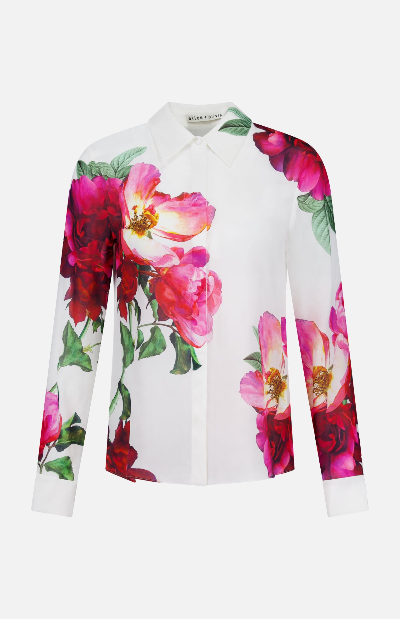 The Willa Hidden Placket Silk Top by ALICE + OLIVIA is a white collared blouse with bold pink and red floral prints and green leaves adorning the front and sleeves.