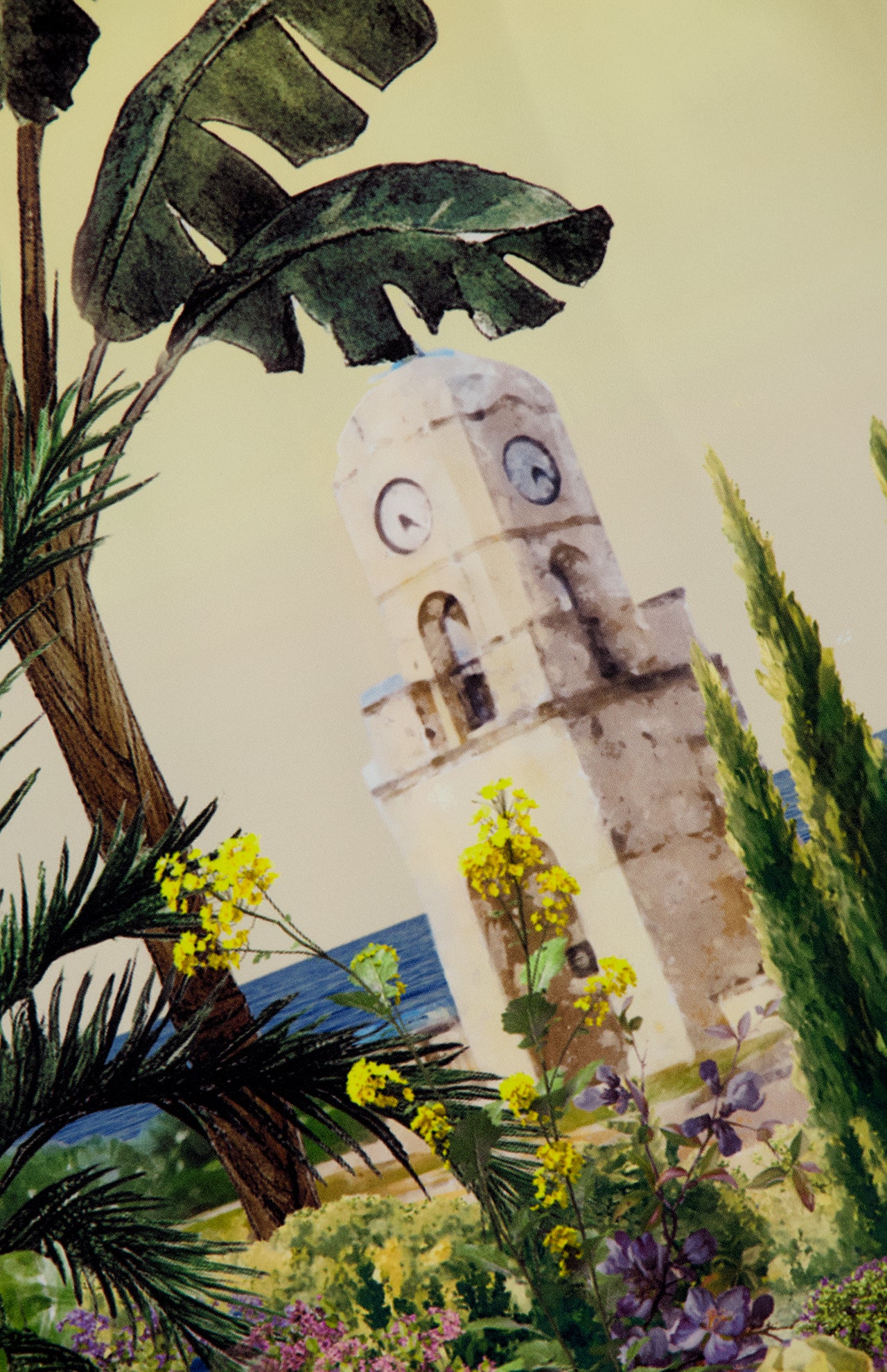 A watercolor painting of a stone clock tower amid greenery and flowers, with a blue sky and sea, evokes the scenic look of the Wynell Staceface Fitted Mini Dress by ALICE + OLIVIA—perfect for summer days.