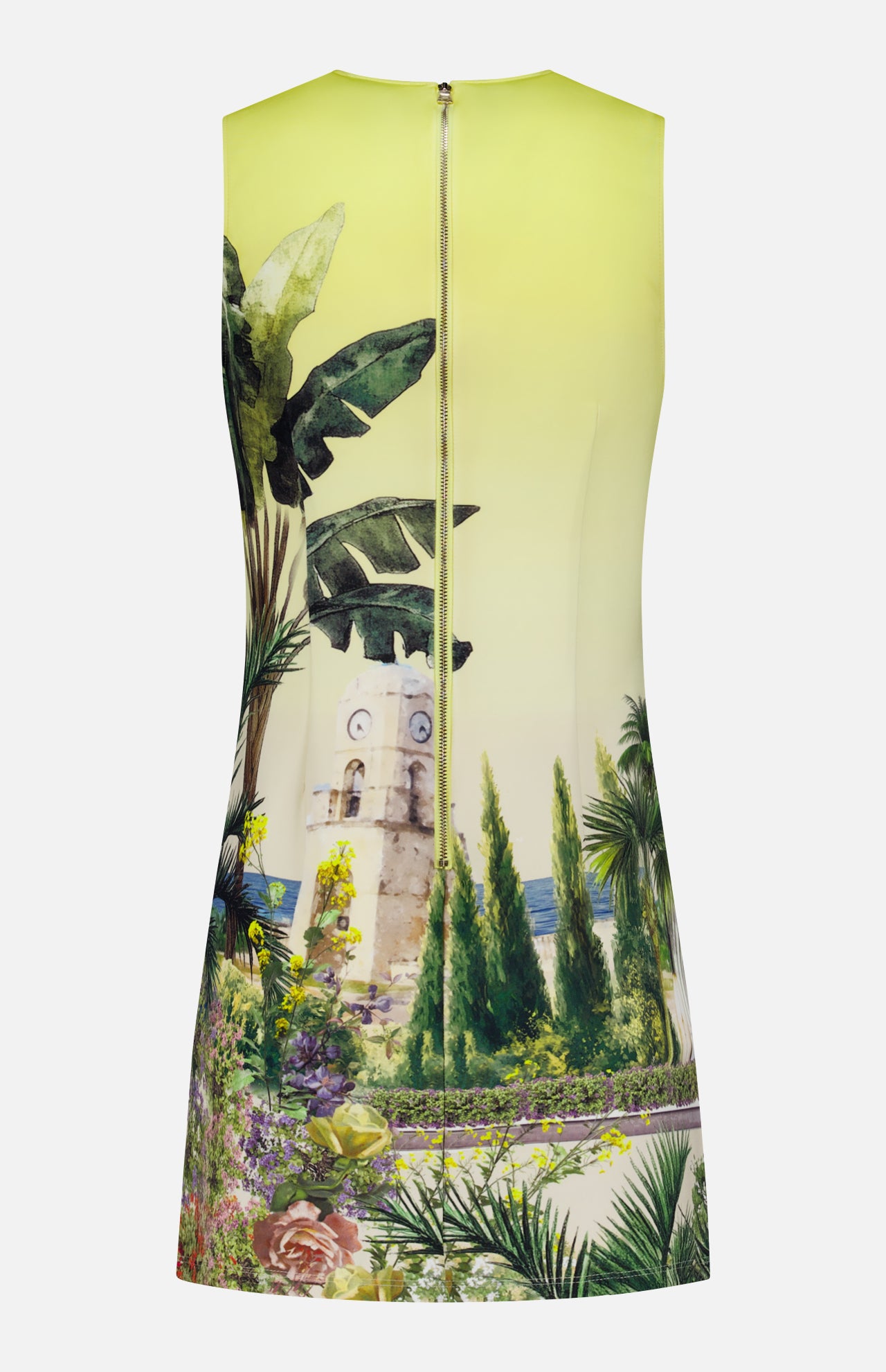 The ALICE + OLIVIA Wynell Staceface Fitted Mini Dress is a sleeveless yellow mini dress with a back zipper, showcasing a vivid scenic print of a clock tower, palm trees, tropical plants, and colorful flowers for vibrant charm.