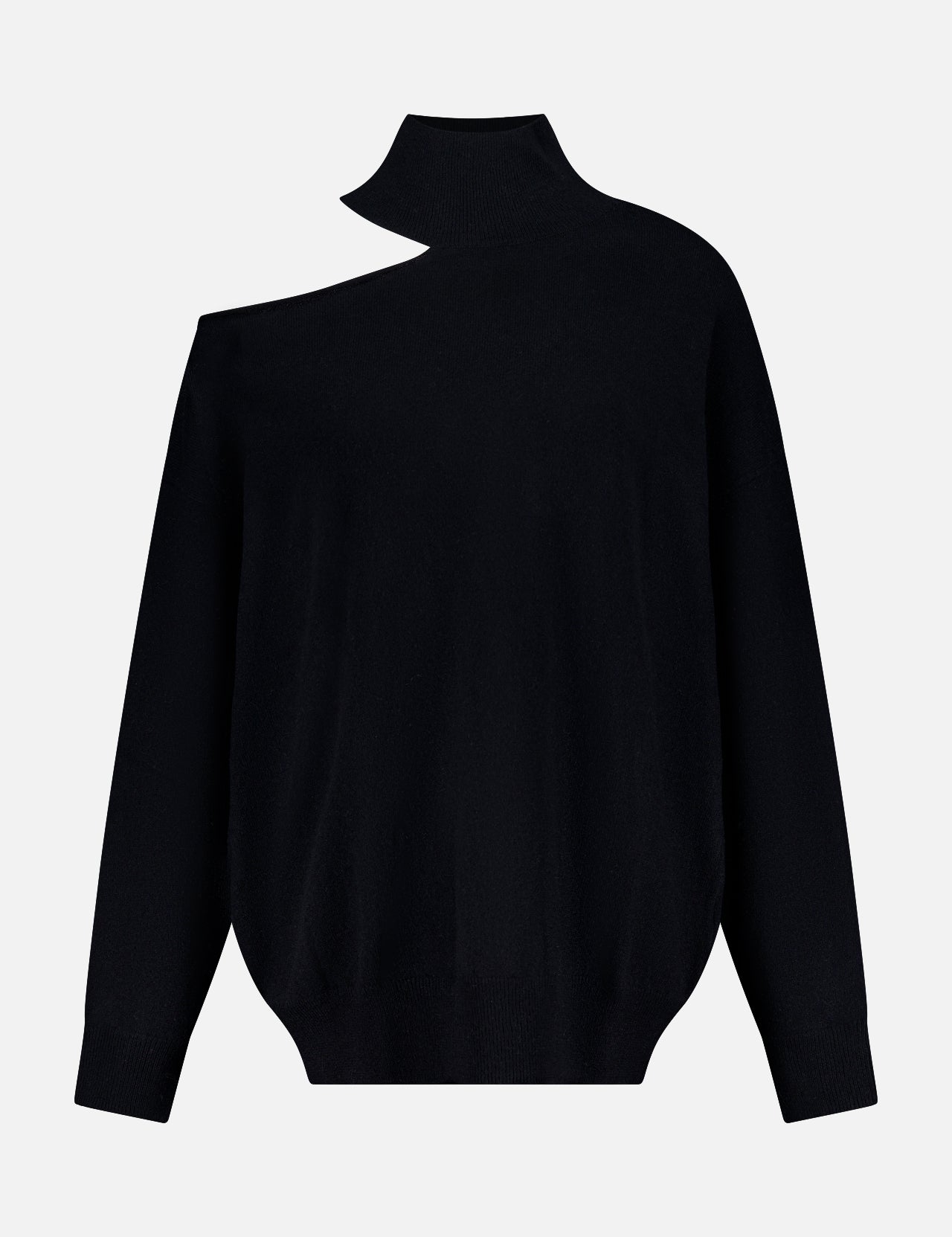 The LISA YANG Alvia Cut-out Shoulder Sweater is a black cashmere piece with an asymmetrical neckline, featuring a modern minimalist design free of patterns or embellishments—ideal for effortless style.
