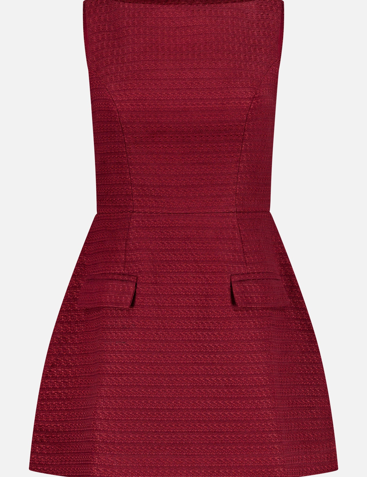 The Banco Mini Dress by AMANDA UPRICHARD features a sleeveless, textured burgundy design with a fitted bodice, flared mini skirt, and two front flap accents—ideal as a stylish party dress.