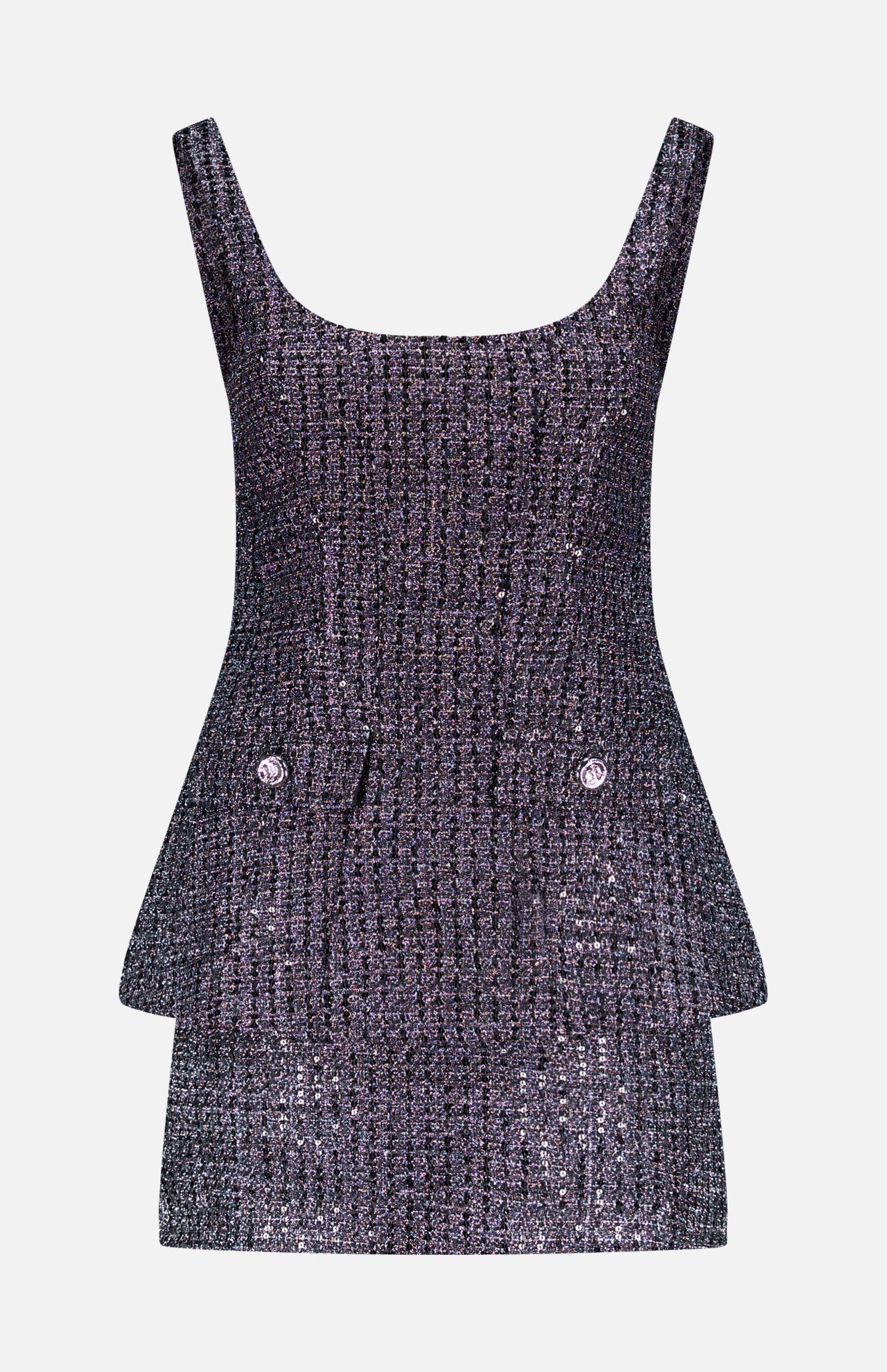 The Empire Sparkle Tweed Mini Dress by AMANDA UPRICHARD features a sleeveless design in black and silver tweed, a fitted bodice, scoop neckline, peplum waist, and two front flap pockets with decorative buttons.