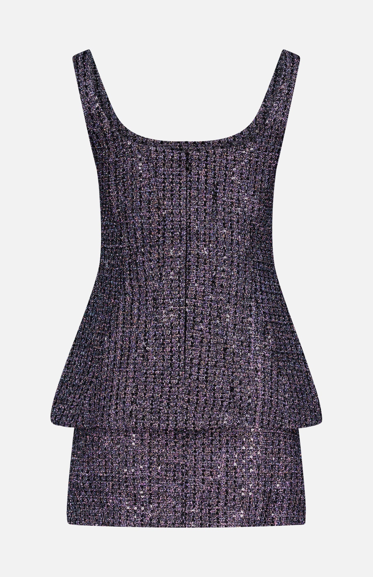 The AMANDA UPRICHARD Empire Sparkle Tweed Mini Dress features a sleeveless, scoop-neck design with a fitted peplum waist and sparkly purple textured fabric, offering a playful take on the classic cocktail look. Displayed on a white background.