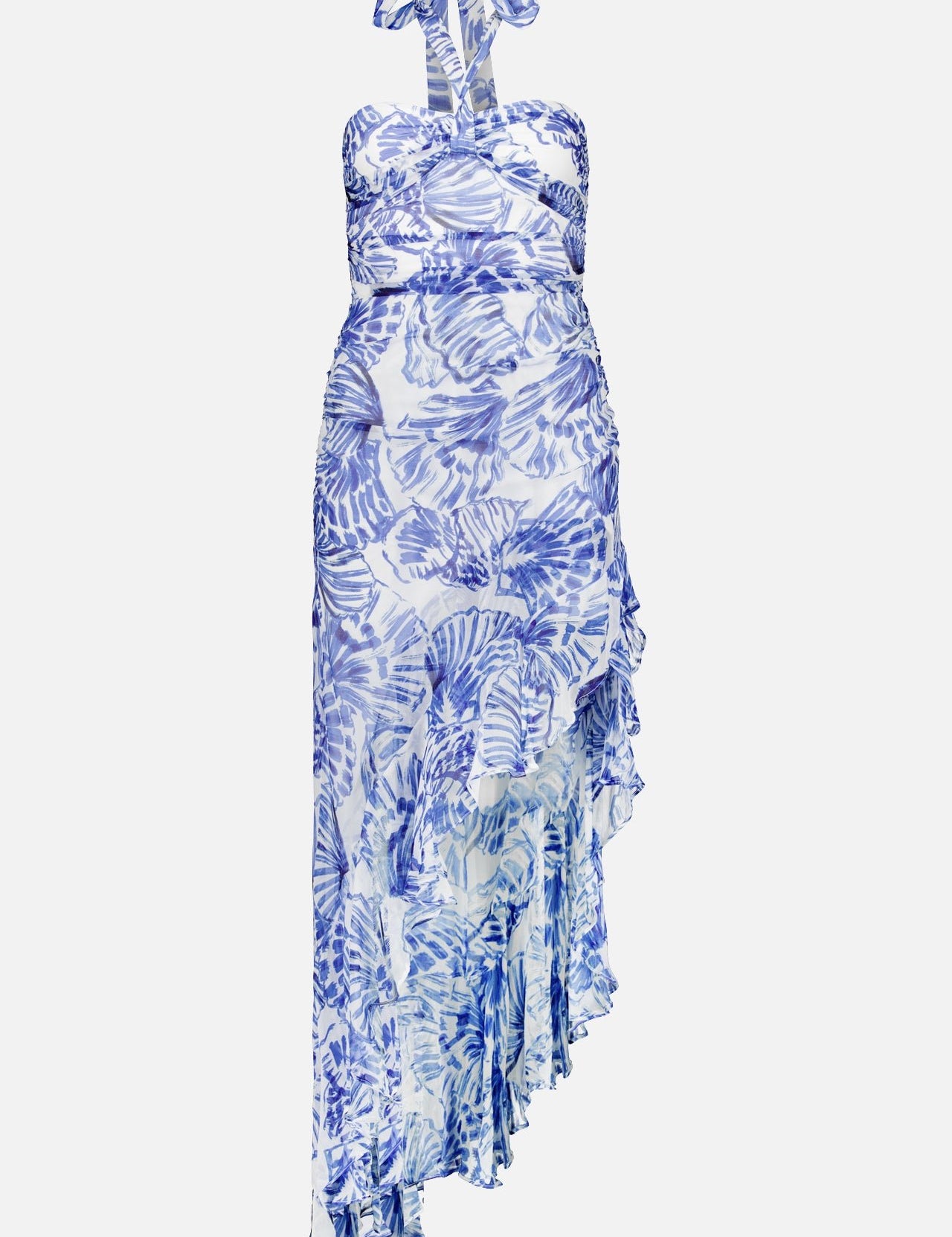 The AMANDA UPRICHARD Marabou Shell Print Halter Dress is a sleeveless, high-low dress with a fitted bodice and asymmetrical ruffled hem in blue and white shell print, crafted from light, flowy fabric—perfect for summer or resort wear.