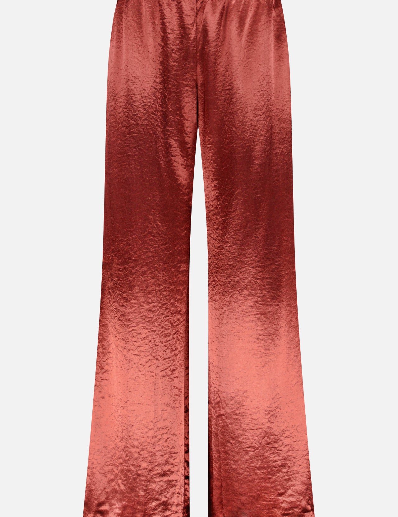 The Mariko Wide Leg Pants by AMANDA UPRICHARD feature a shiny copper hue, silk-like fabric, and an elastic waistband, shown against a white background.
