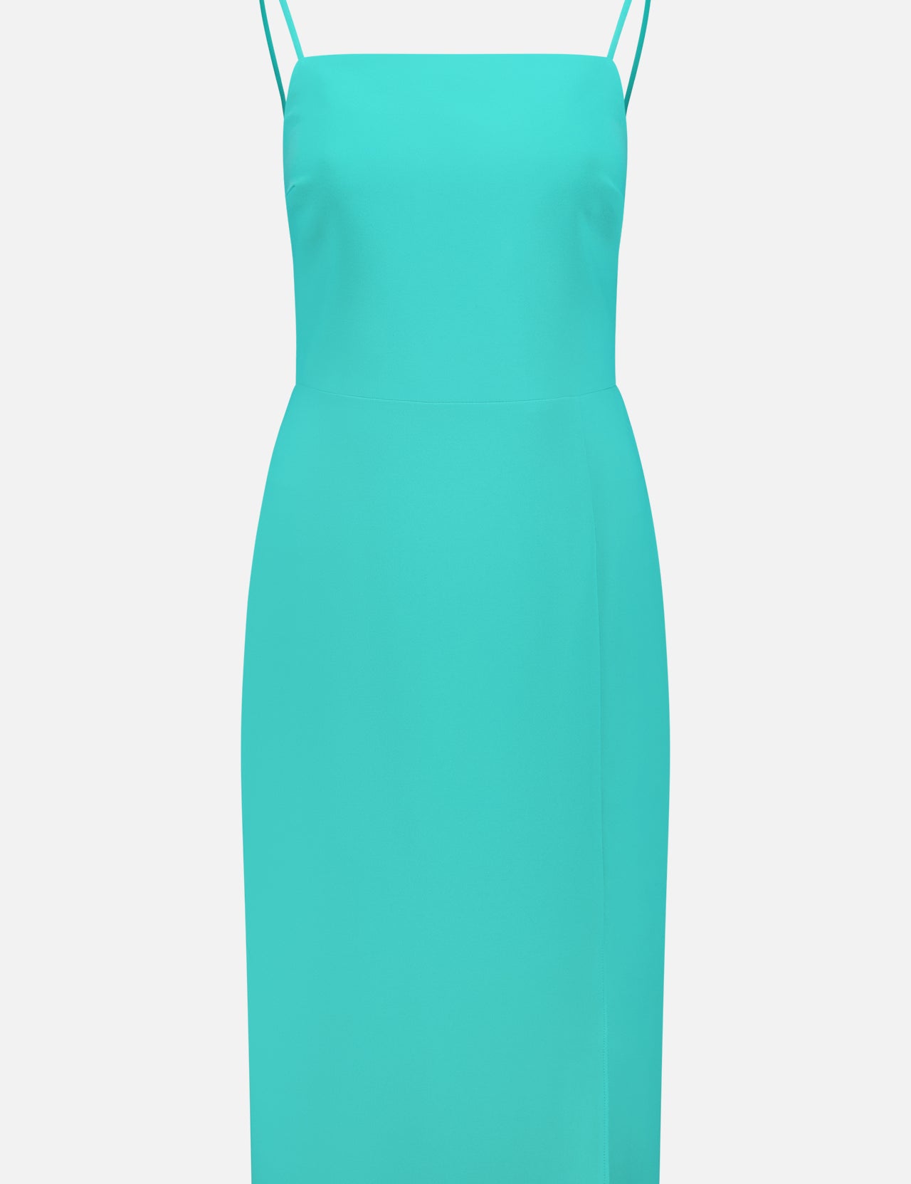 The Perkins Sleeveless Midi Dress by AMANDA UPRICHARD features a turquoise hue, thin spaghetti straps, a straight neckline, and a chic front slit. Displayed on a plain white background.