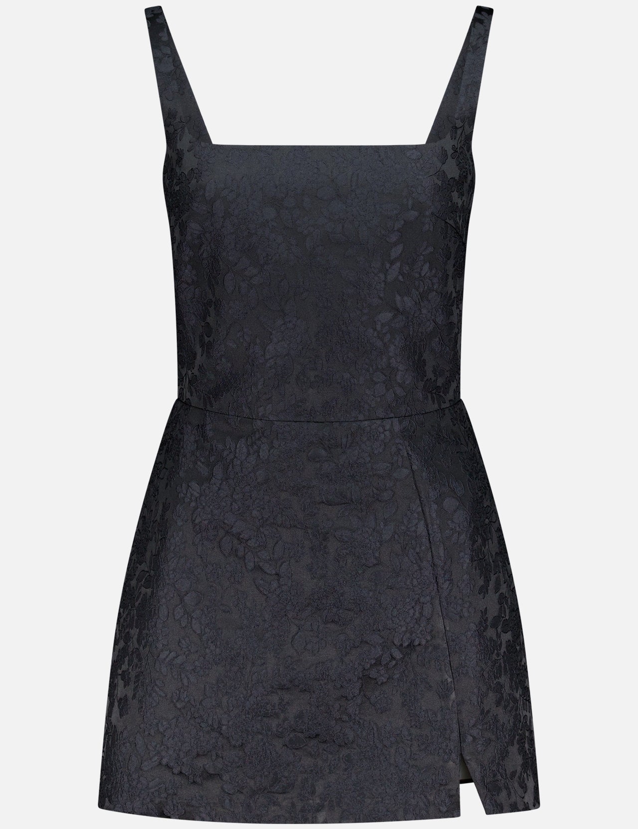 The AMANDA UPRICHARD Rhonda Floral Print Romper is a chic, sleeveless black mini romper with a square neckline, subtle floral pattern, and a stylish side wrap detail for an elegant touch.