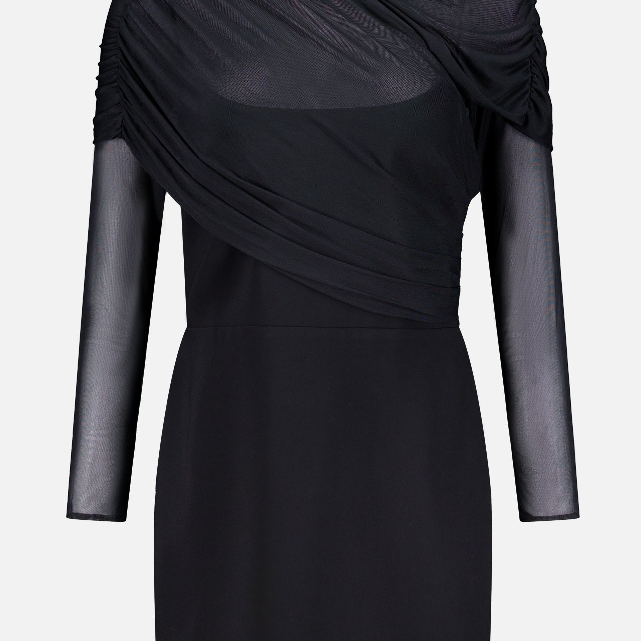 The Rosalyn Drape Shoulder Mini Dress by AMANDA UPRICHARD is a black mini dress with elegant draping, sheer mesh sleeves, and an asymmetrical mesh overlay for a stylish, modern look.
