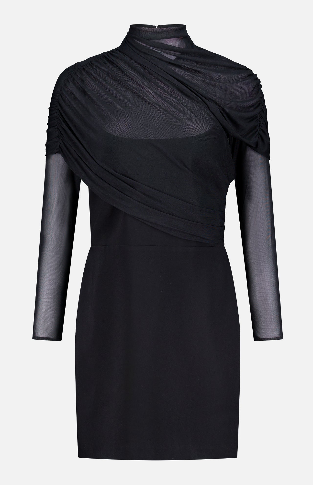 The Rosalyn Drape Shoulder Mini Dress by AMANDA UPRICHARD is a black mini dress with elegant draping, sheer mesh sleeves, and an asymmetrical mesh overlay for a stylish, modern look.
