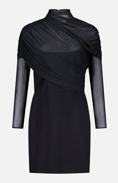 The Rosalyn Drape Shoulder Mini Dress by AMANDA UPRICHARD is a black mini dress with elegant draping, sheer mesh sleeves, and an asymmetrical mesh overlay for a stylish, modern look.