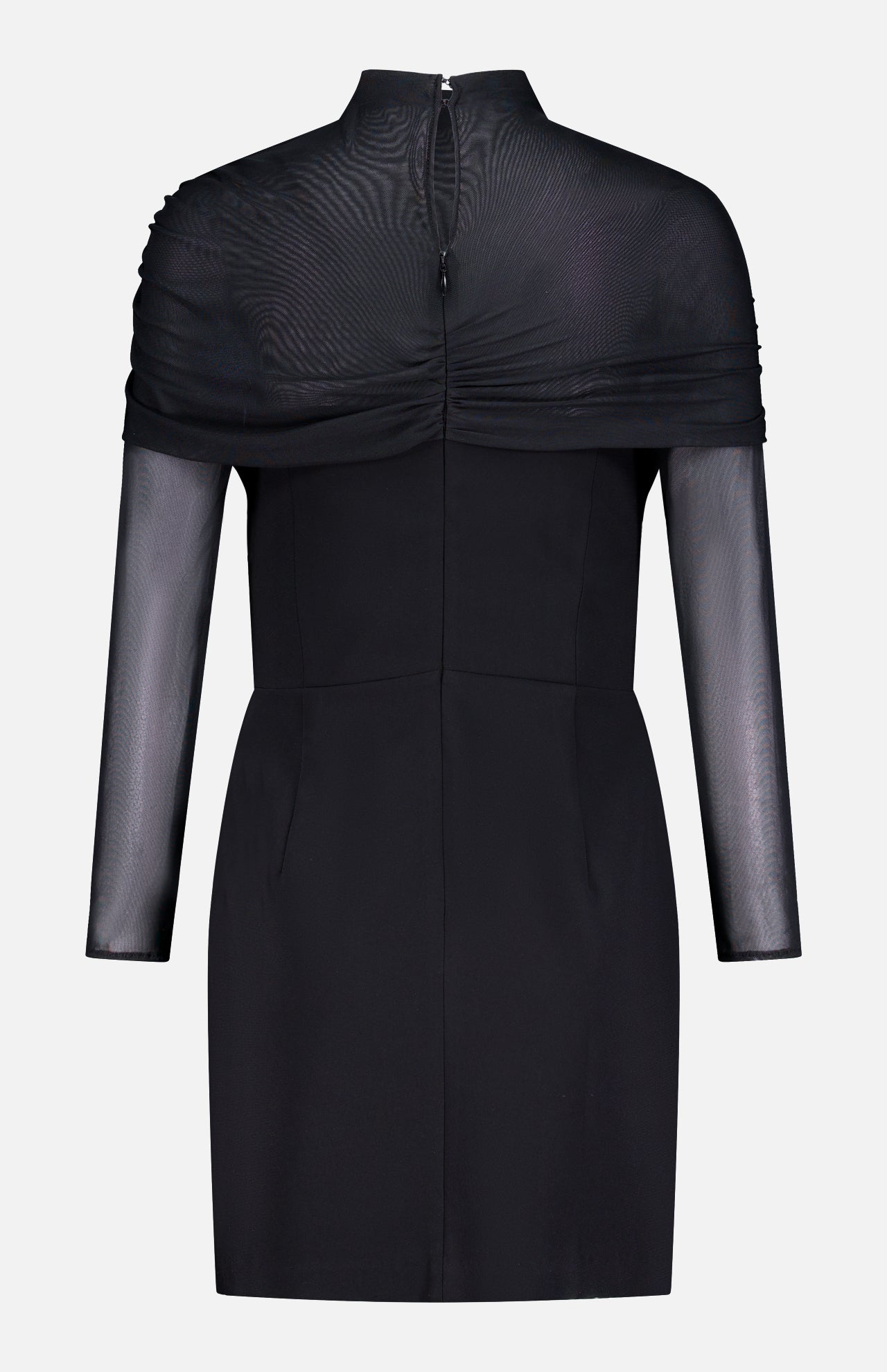 The Rosalyn Drape Shoulder Mini Dress by AMANDA UPRICHARD is a black mini dress with elegant draping, a fitted silhouette, sheer mesh sleeves and overlay at the shoulders and chest, and a chic back zipper closure.