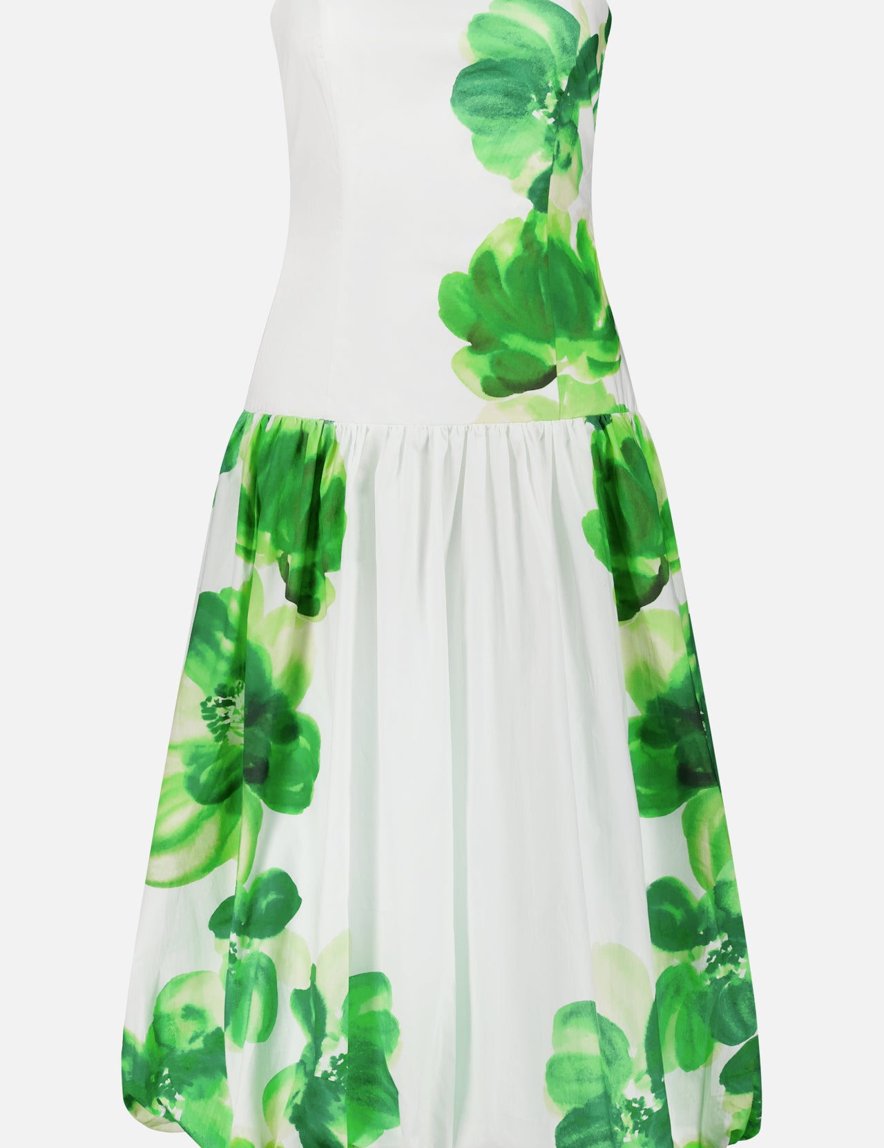 The Tivoli Bubble Skirt Midi Dress by AMANDA UPRICHARD is a strapless white midi with a fitted bodice, voluminous bubble skirt, and bold green tropical prints.