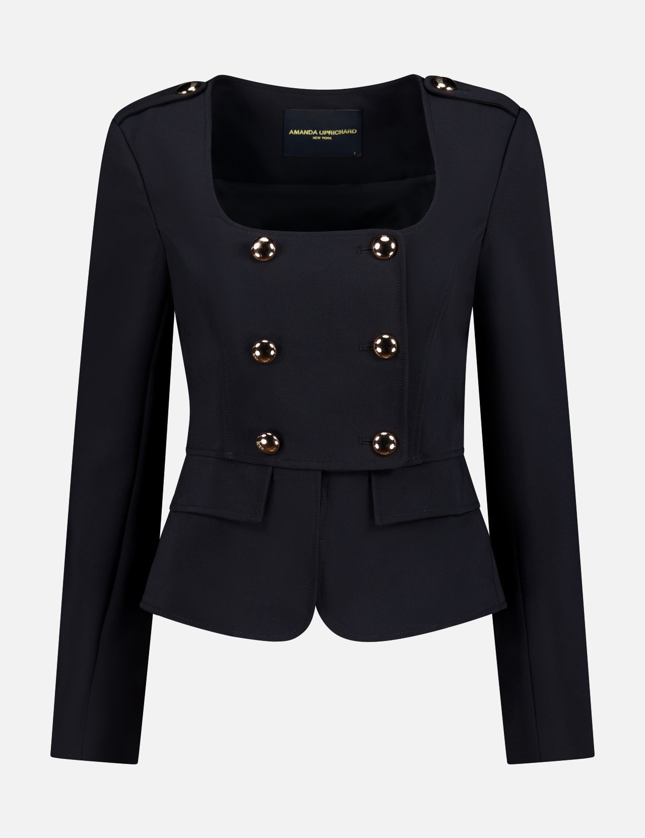 The AMANDA UPRICHARD Tompkins Double Breasted Jacket, in black with gold buttons, a square neckline, and two front flap pockets, is shown against a plain white background.