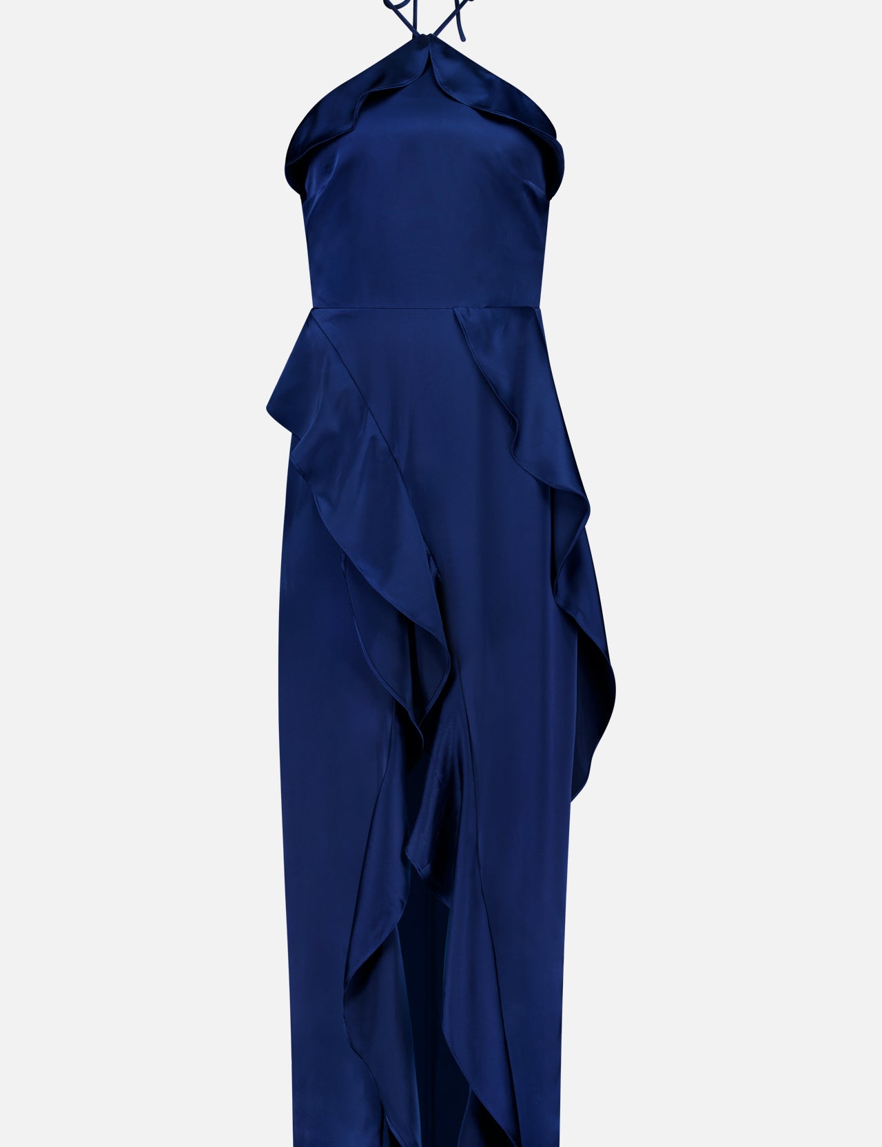 The Alessandra Ruffle Maxi Dress by AMANDA UPRICHARD is a sleeveless navy satin maxi with a halter neckline, cascading side ruffles, and a flowing high-low hem—perfect for special occasions.