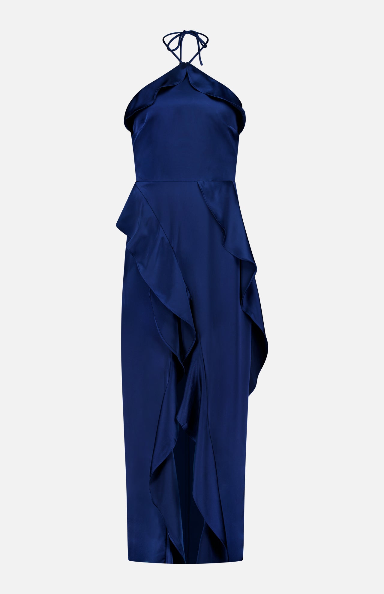 The Alessandra Ruffle Maxi Dress by AMANDA UPRICHARD is a sleeveless navy satin maxi with a halter neckline, cascading side ruffles, and a flowing high-low hem—perfect for special occasions.