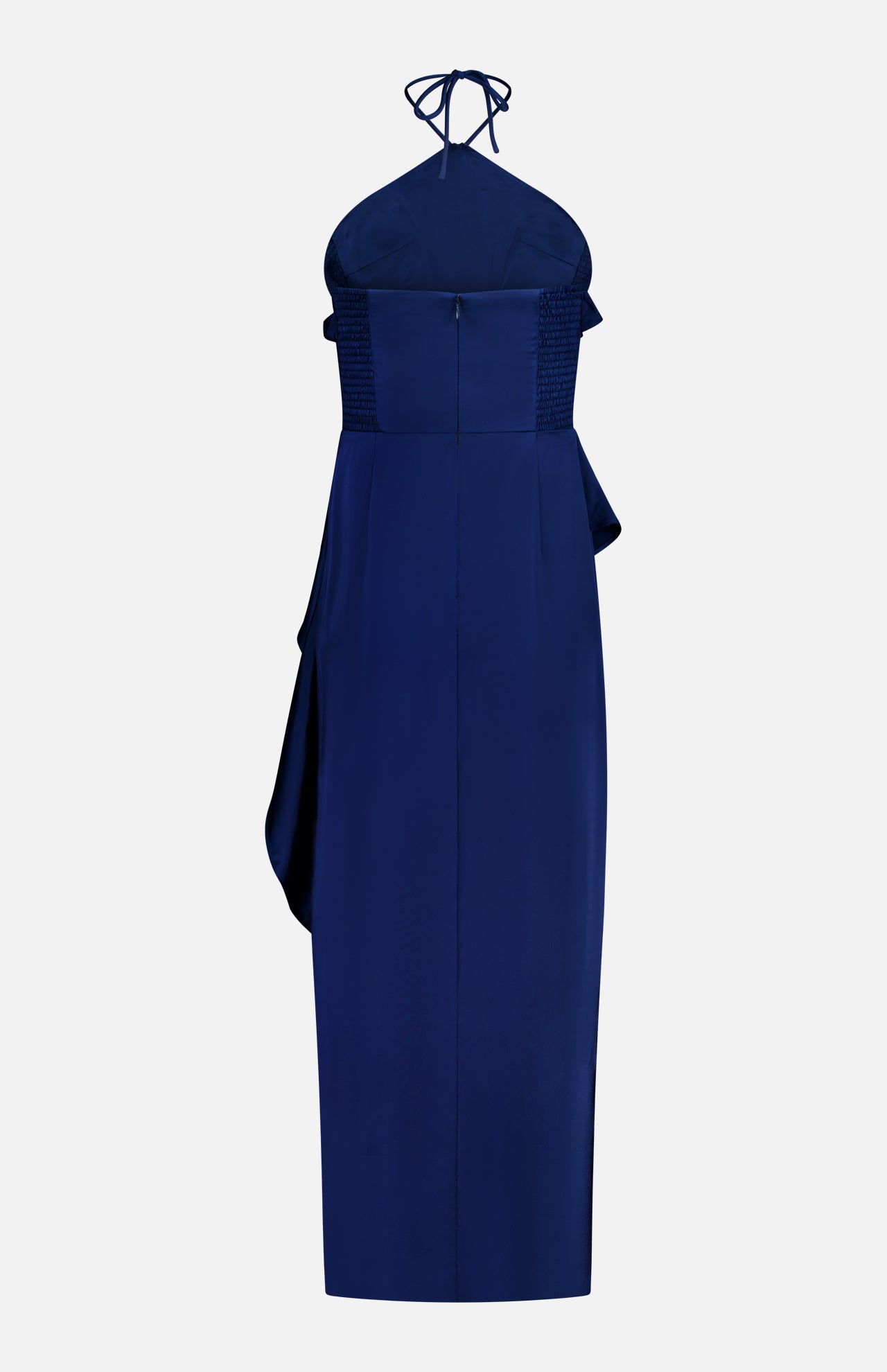 A back view of the Alessandra Ruffle Maxi Dress by AMANDA UPRICHARD: an ankle-length royal blue dress with a sleeveless halter neckline, fitted waist, ruched side detail, and draped sash.
