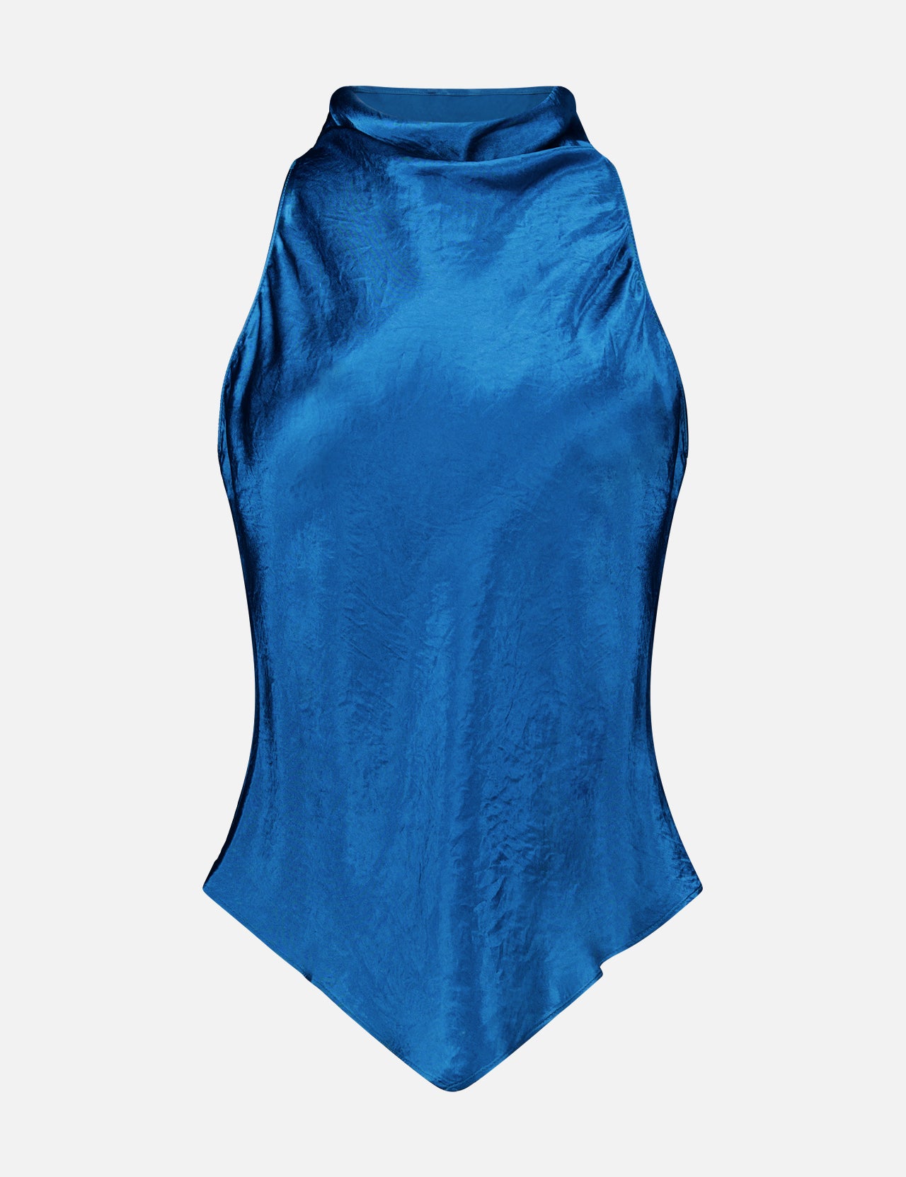 The Arielle Halter Top by AMANDA UPRICHARD is a sleeveless, shiny blue satin piece with a draped neckline and asymmetrical pointed hem, showcased against a plain light gray background.