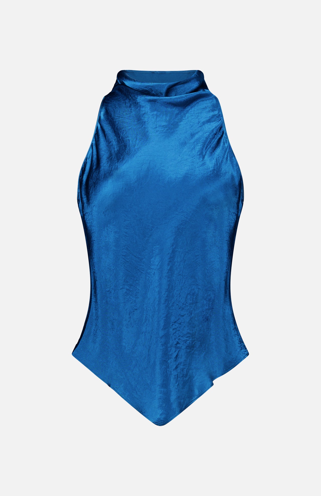 The Arielle Halter Top by AMANDA UPRICHARD is a sleeveless, shiny blue satin piece with a draped neckline and asymmetrical pointed hem, showcased against a plain light gray background.