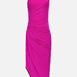 The Brooke Ruched One Shoulder Dress by AMANDA UPRICHARD features bright hot pink fabric, an asymmetrical one-shoulder design, ruched details, and a matching choker, shown against a plain white background.