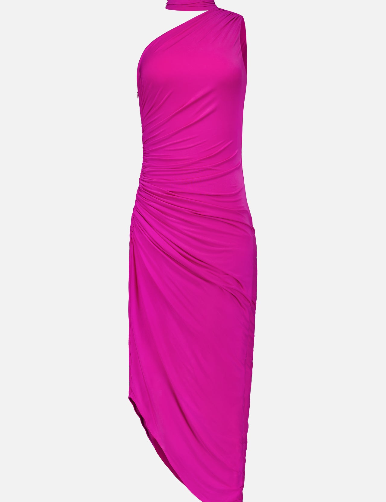 The Brooke Ruched One Shoulder Dress by AMANDA UPRICHARD features bright hot pink fabric, an asymmetrical one-shoulder design, ruched details, and a matching choker, shown against a plain white background.