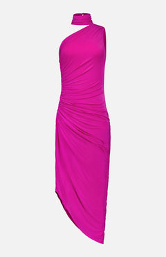 The Brooke Ruched One Shoulder Dress by AMANDA UPRICHARD features bright hot pink fabric, an asymmetrical one-shoulder design, ruched details, and a matching choker, shown against a plain white background.