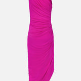 The Brooke Ruched One Shoulder Dress by AMANDA UPRICHARD is a vibrant hot pink midi featuring a ruched one-shoulder design, asymmetrical hem, and matching choker, shown on a plain white background.