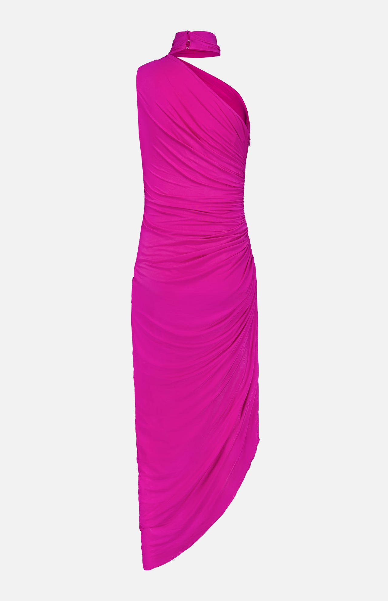 The Brooke Ruched One Shoulder Dress by AMANDA UPRICHARD is a vibrant hot pink midi featuring a ruched one-shoulder design, asymmetrical hem, and matching choker, shown on a plain white background.