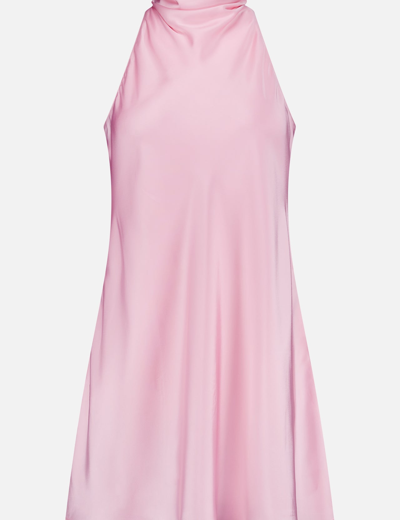 The Calypso Swingy Mini Dress by AMANDA UPRICHARD is a sleeveless, light pink satin mini dress with a high neckline, loose fit, and soft, shiny texture for an elegantly simple look.