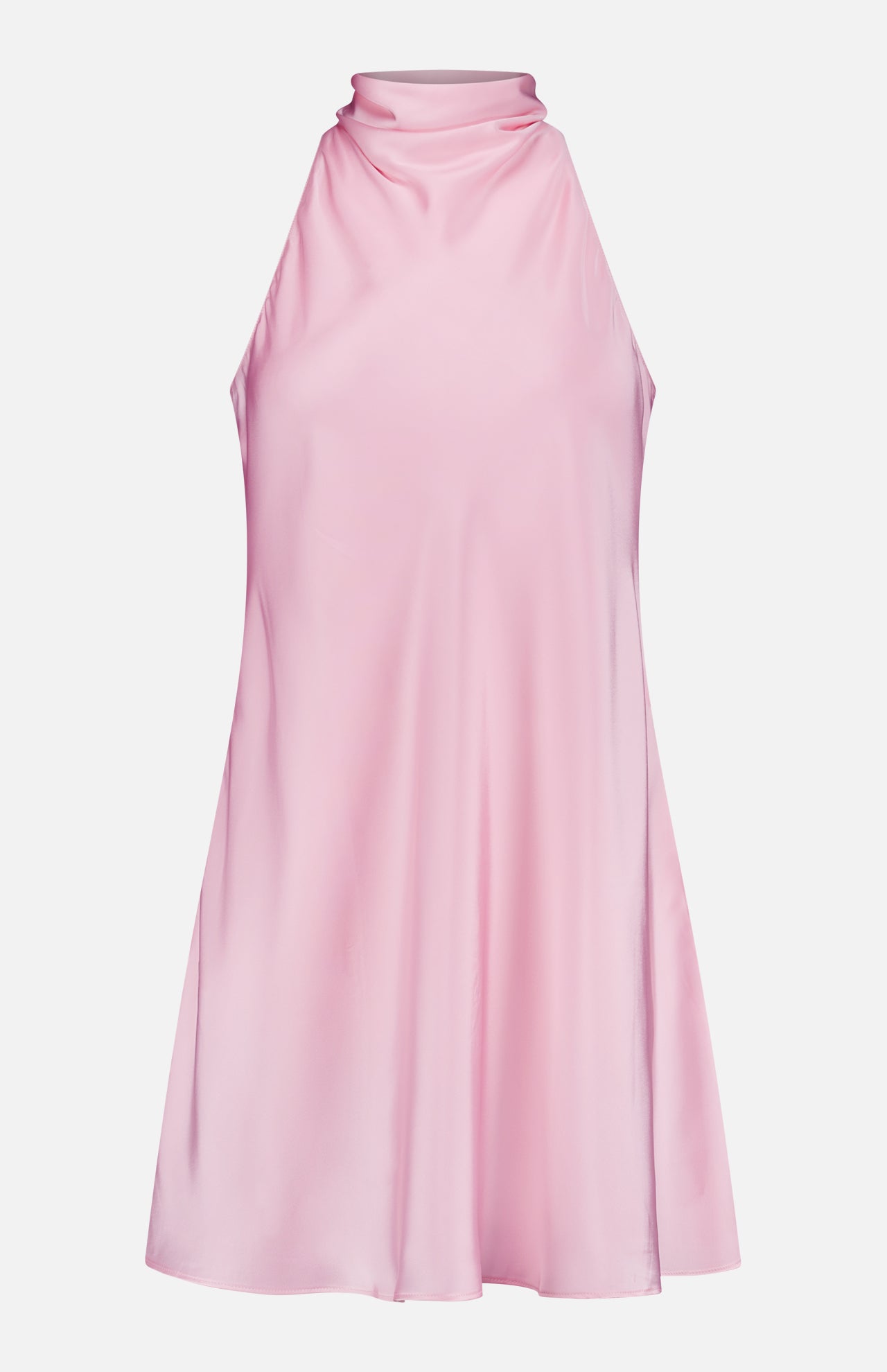 The Calypso Swingy Mini Dress by AMANDA UPRICHARD is a sleeveless, light pink satin mini dress with a high neckline, loose fit, and soft, shiny texture for an elegantly simple look.