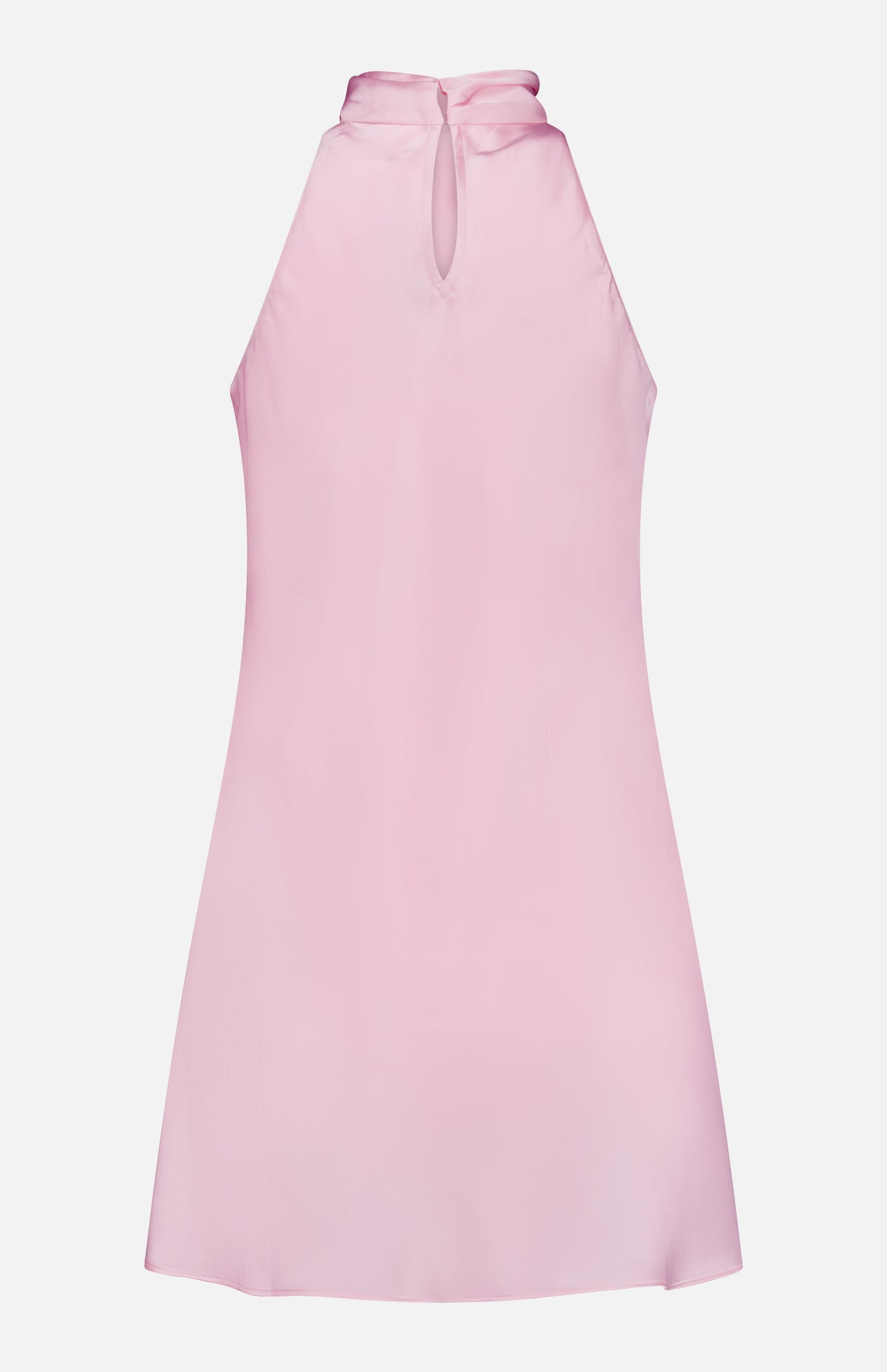 The Calypso Swingy Mini Dress by AMANDA UPRICHARD is a light pink mini dress with a halter neckline and keyhole back, shown on a white background.