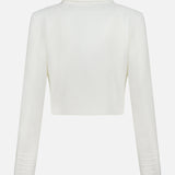 Back view of the AMANDA UPRICHARD Courtney Cropped Jacket in ivory, showcasing a cropped silhouette, classic collar, and decorative sleeve cuff stitching, displayed against a plain white background.