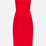 The AMANDA UPRICHARD Cynthia Midi Neck Tie Dress is a sleeveless red midi dress with a fitted silhouette, halter neckline, and bow detail at the neck—an elegant choice for any special occasion, shown against a white background.