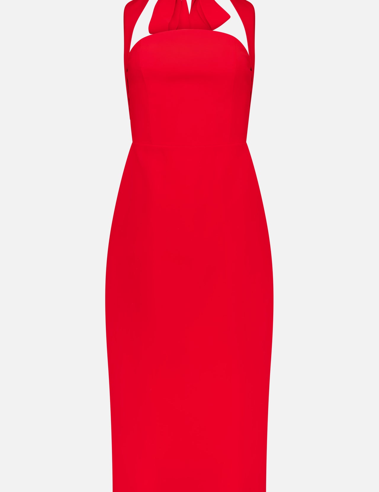 The AMANDA UPRICHARD Cynthia Midi Neck Tie Dress is a sleeveless red midi dress with a fitted silhouette, halter neckline, and bow detail at the neck—an elegant choice for any special occasion, shown against a white background.