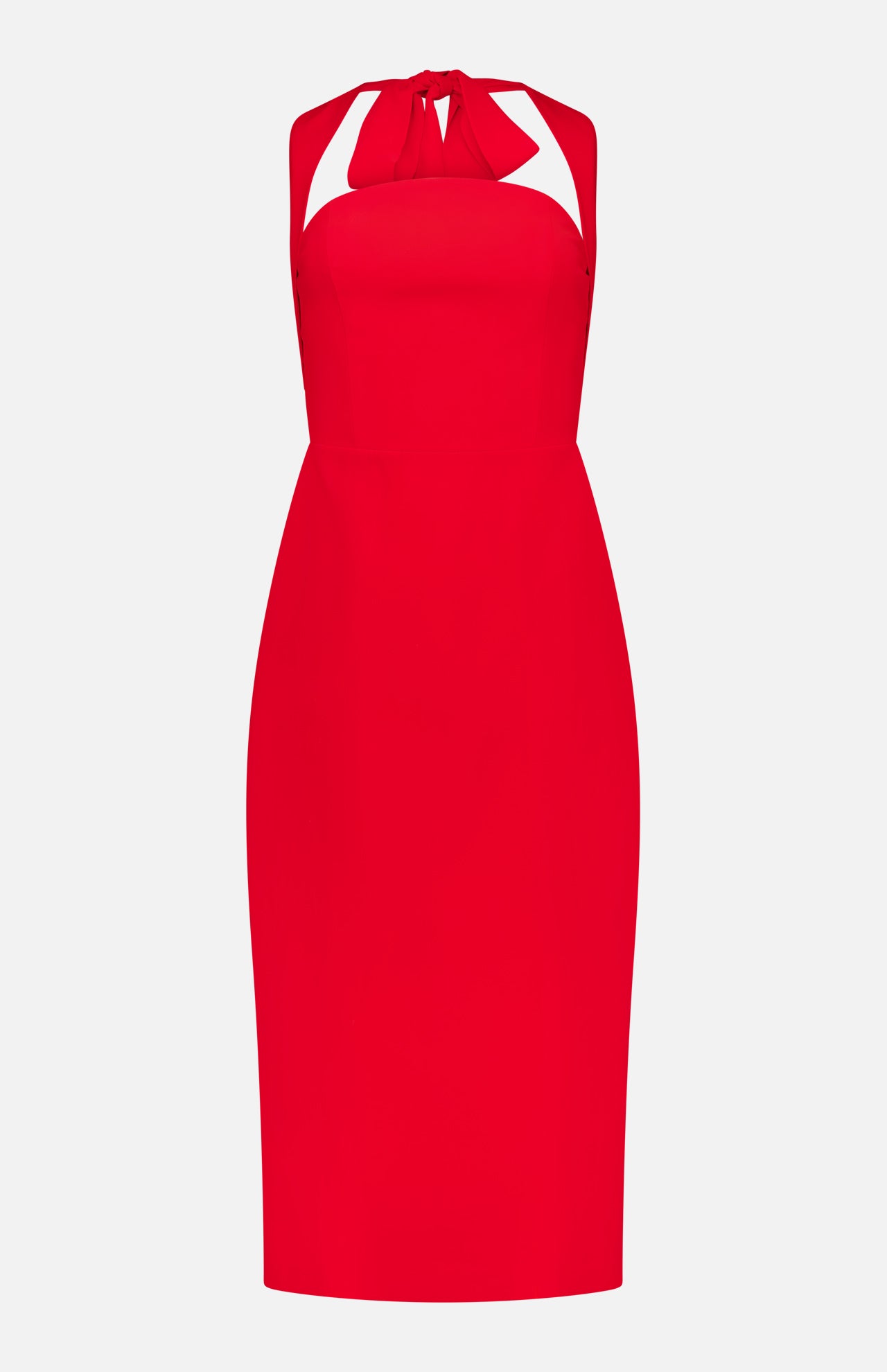 The AMANDA UPRICHARD Cynthia Midi Neck Tie Dress is a sleeveless red midi dress with a fitted silhouette, halter neckline, and bow detail at the neck—an elegant choice for any special occasion, shown against a white background.