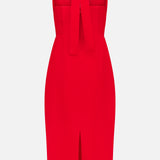 The Cynthia Midi Neck Tie Dress by AMANDA UPRICHARD features a fitted silhouette, front slit, bust cutouts, and a neckline bow tie. This bright red sleeveless dress is ideal for formal occasions.
